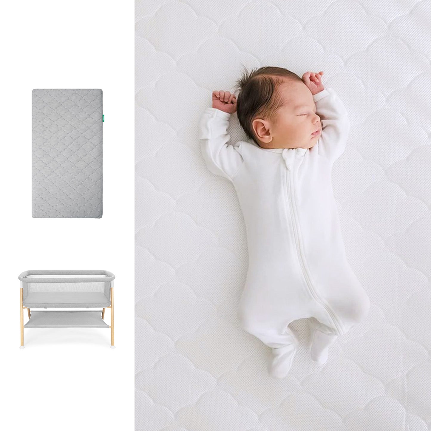 Newborn baby lying on a white mattress with a gray crib and bassinet in the background. 1000-gry-8402