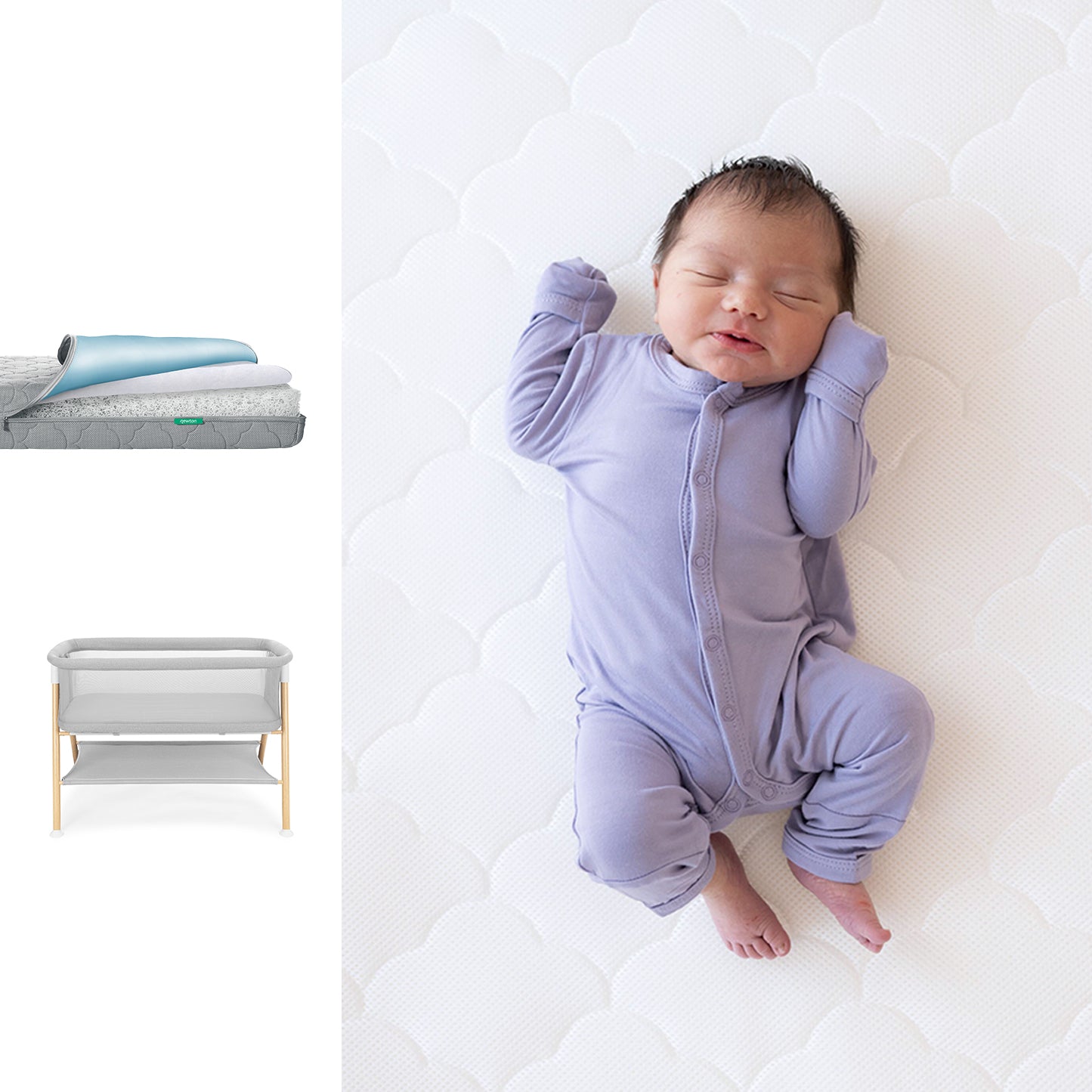 Baby in a purple onesie lying on a white mattress with a changing table and mat in the background. 1001-gry-8402