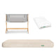 The Newton Baby Bedside Sleeper features a wooden frame, grey sides, a folded white sheet, and includes the Original Crib Mattress with Waterproof Pad, all displayed on a white background.
