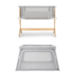 The Newton Baby Bassinet & Bedside Sleeper features a wooden frame, light gray fabric, and breathable mattress; below, the Deluxe Travel Crib has mesh sides and a light gray frame. Both offer modern, minimal design.