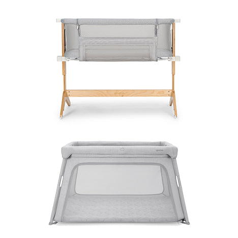 The Newton Baby Bassinet & Bedside Sleeper features a wooden frame, light gray fabric, and breathable mattress; below, the Deluxe Travel Crib has mesh sides and a light gray frame. Both offer modern, minimal design.