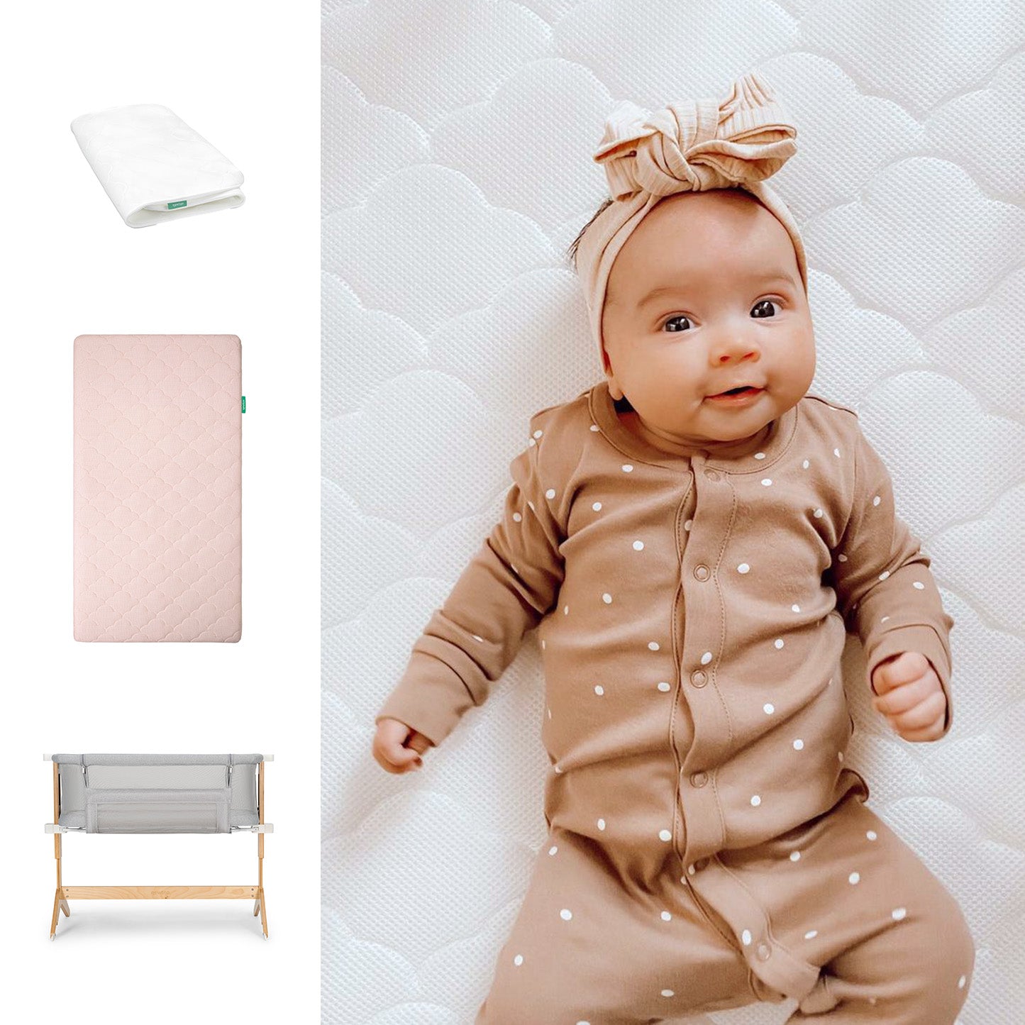 A smiling baby in a brown polka-dot outfit and striped headband lies on a Newton Baby Bundle 6 BFCM mattress. Nearby are images of a folded white sheet, a pink quilted cover, and a wooden bassinet, all from Newton Baby. 1000-pnk-8400-2000