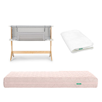 The Newton Baby Bundle 6 BFCM includes a gray and wood bassinet, a folded white sheet, and a pink quilted mattress, all shown against a white background.