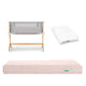 The Newton Baby Bundle 6 BFCM includes a gray and wood bassinet, a folded white sheet, and a pink quilted mattress, all shown against a white background.