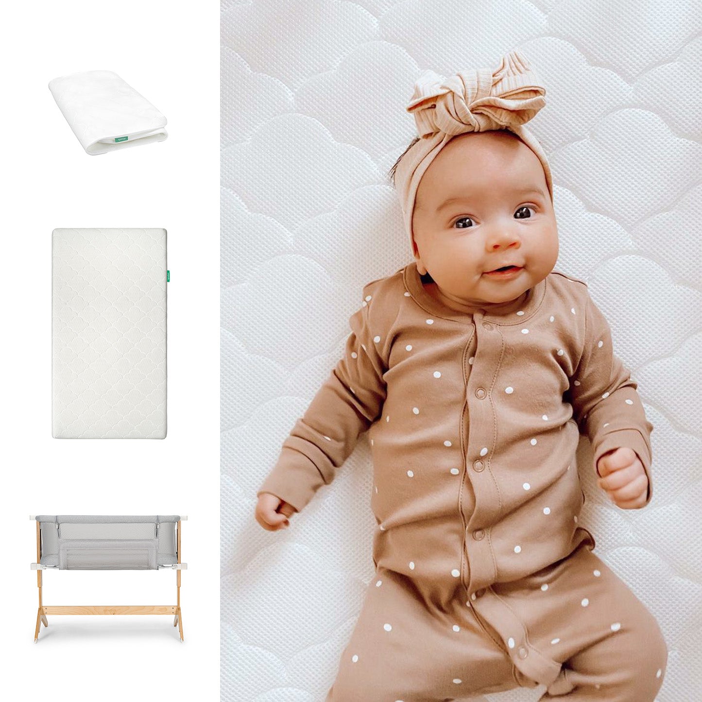 A baby in a brown polka-dot outfit and striped headband lies on a white Newton Baby mattress from the Bundle 6 BFCM set; to the left are images of a folded sheet, mattress, and crib. 1000-wht-8400-2000
