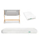 The Newton Baby Bundle 6 BFCM includes a wooden bassinet with a gray fabric side, a folded white fitted sheet, and a subtly patterned white mattress, all displayed on a white background.