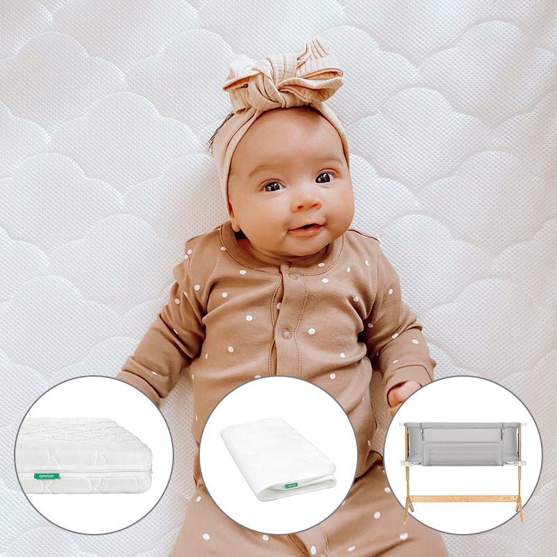 A baby in a tan polka-dot outfit with a matching headband lies on a quilted Newton Baby mattress from the Bundle 6 BFCM. Below, insets feature the mattress, folded sheet, and a Newton Baby bedside bassinet.