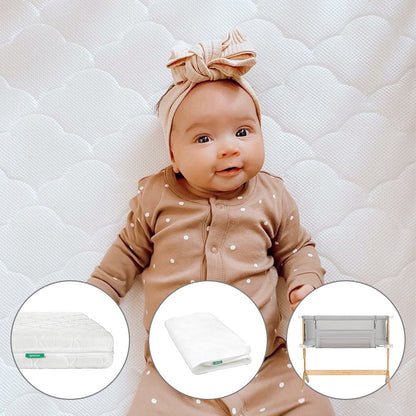 A baby in a tan polka-dot outfit with a matching headband lies on a quilted Newton Baby mattress from the Bundle 6 BFCM. Below, insets feature the mattress, folded sheet, and a Newton Baby bedside bassinet.