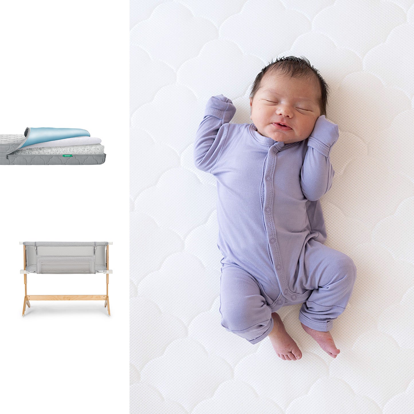 Baby in a purple onesie lying on a white mattress with a bassinet in the background. 1001-GRY-8400