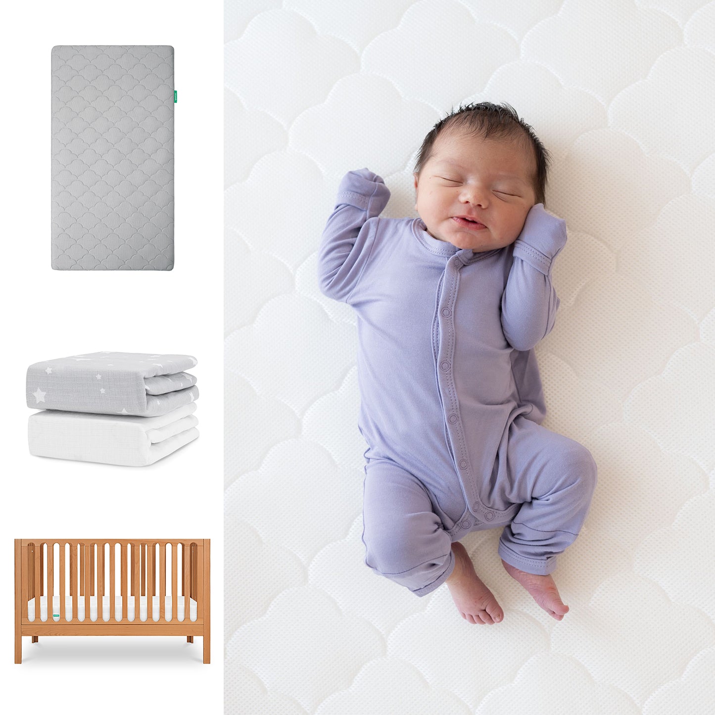 A sleeping baby in a lavender onesie rests on the Newton Baby Galileo Crib with the Original Crib Mattress & Sheets. Nearby are images of a quilted mattress, folded gray and white blankets, and the wooden convertible crib. 111-8420-CST-1000-GRY-SGW
