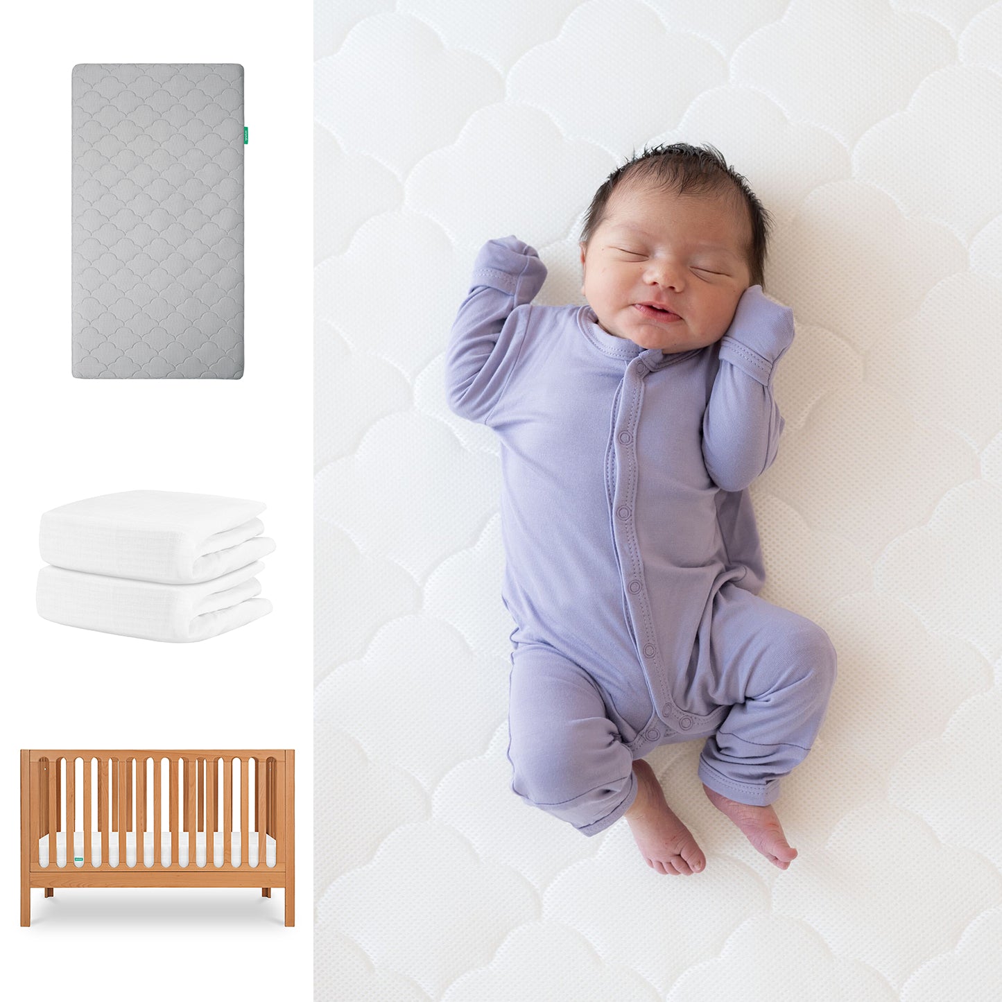 A baby in a lavender onesie sleeps on a Newton Baby Galileo Crib with the Original Crib Mattress & Sheets. To the left are images of a breathable organic cotton sheet, mattress, two folded sheets, and the 3-in-1 convertible crib. 111-8420-CST-1000-GRY-WNW
