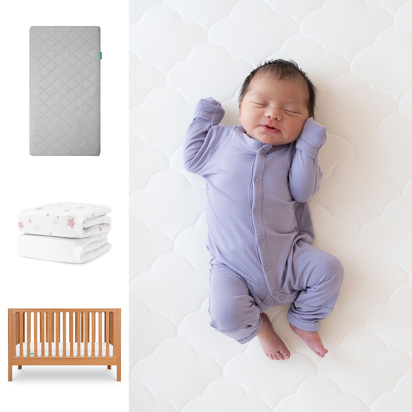 A newborn in a lavender onesie sleeps on the Newton Baby Galileo Crib with the Original Crib Mattress and breathable organic cotton sheets. At left are images of a gray mattress, folded pink-star blanket, and the 3-in-1 convertible crib. 111-8420-CST-1000-GRY-PSW
