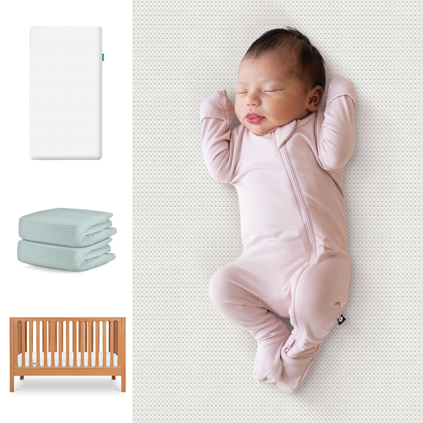 A baby sleeps in a pale pink onesie on a white Essential Crib Mattress by Newton Baby. Beside her are images of the Galileo Crib, mattress, and light blue sheets from the Newton Baby Crib & Sheets Bundle. 111-8420-CST-1300-WHT- SNS