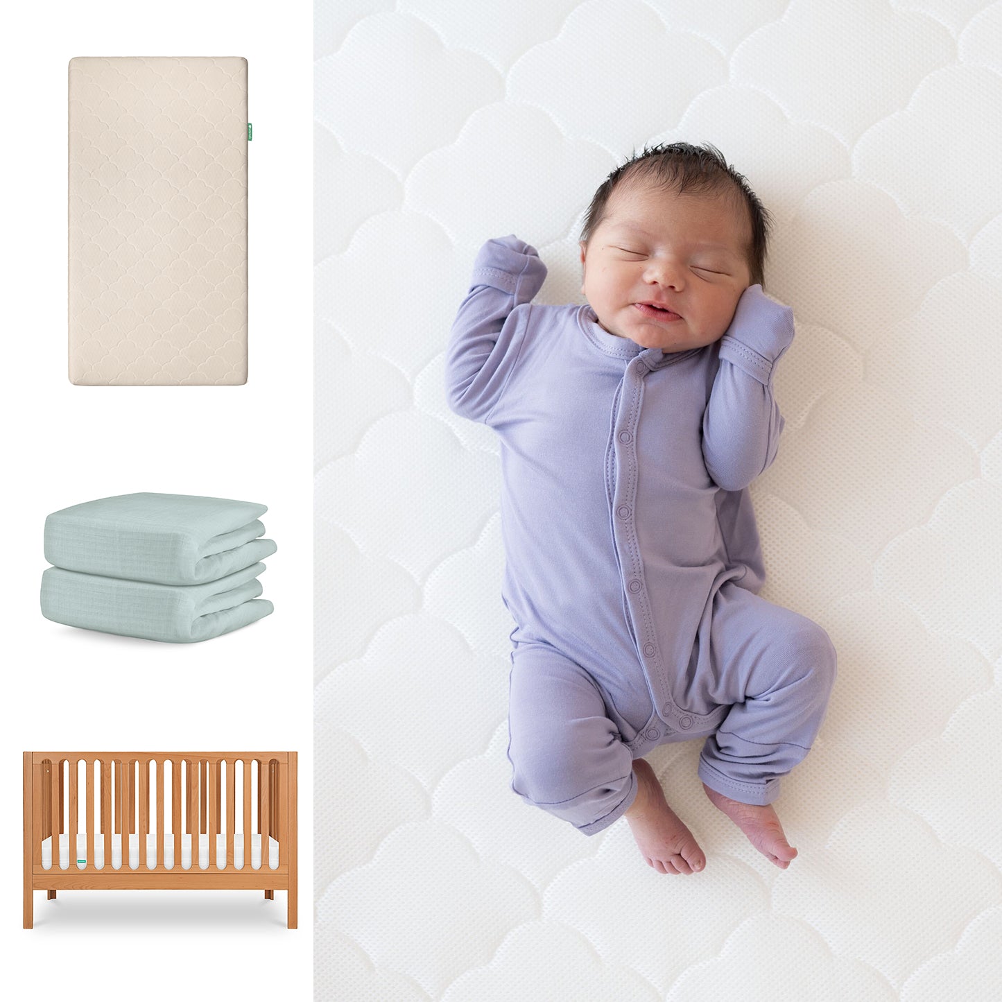 A newborn in a lavender onesie sleeps on Newton Baby’s Galileo Crib with the Original Crib Mattress. Nearby are two folded breathable organic cotton sheets, highlighting the cozy essentials for a perfect nursery. 111-8420-CST-1000-SAN-SNS

