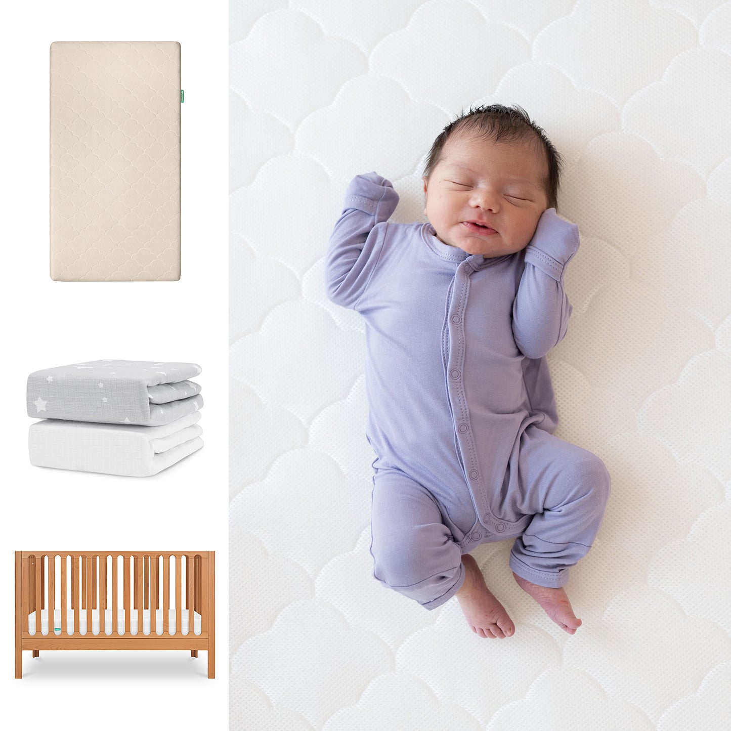 A baby in a lavender onesie sleeps soundly on the Newton Baby Galileo Crib with an Original Crib Mattress & Breathable Organic Cotton Sheet. Nearby are images of folded blankets and a wooden Galileo Crib. 111-8420-CST-1000-SAN-SGW
