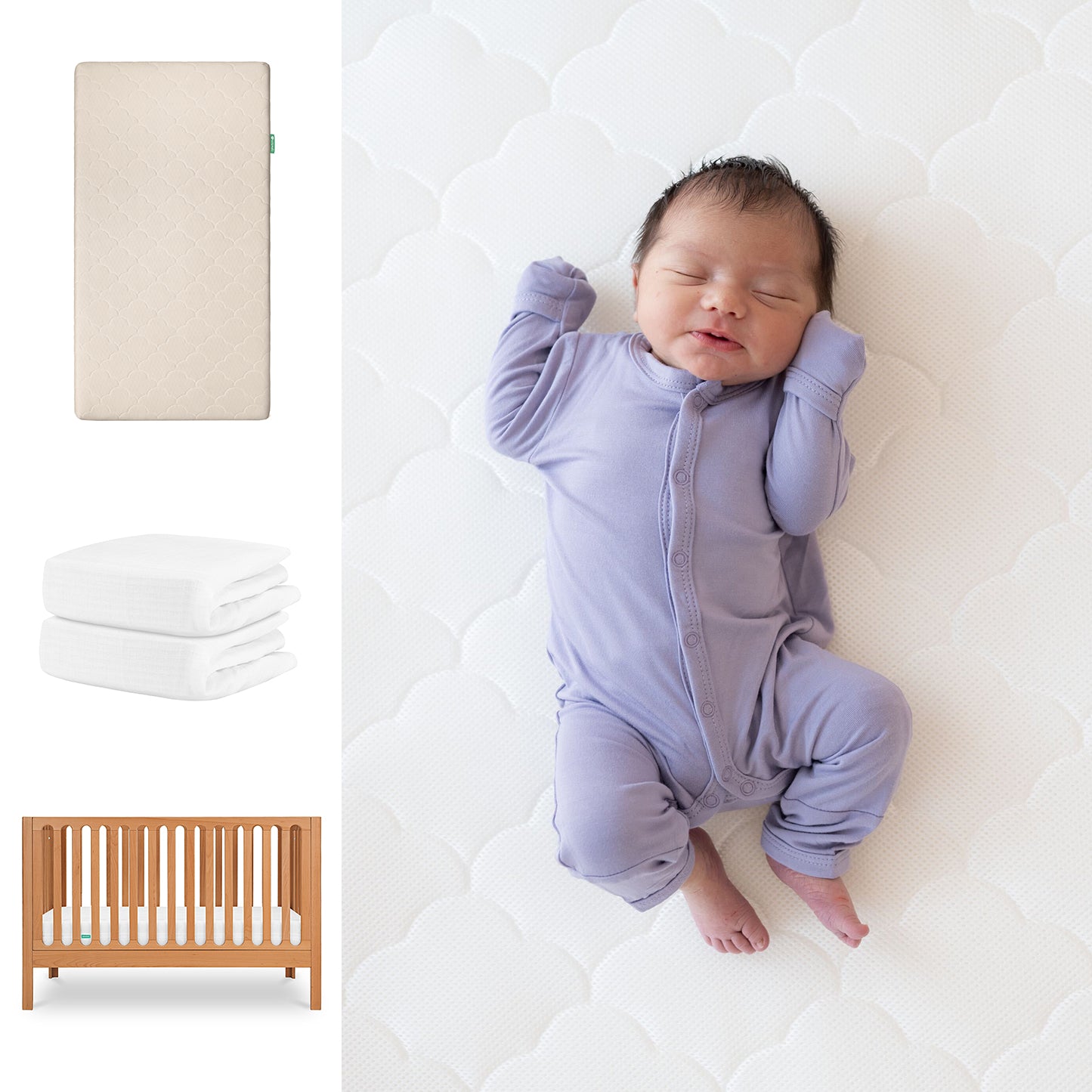 A baby in a lavender onesie lies on a white Newton Baby Galileo Crib with the Original Crib Mattress. To the left are images of a beige 3-in-1 Convertible Crib Mattress, two folded Breathable Organic Cotton Sheets, and the wooden Galileo Crib. 111-8420-CST-1000-SAN-WNW
