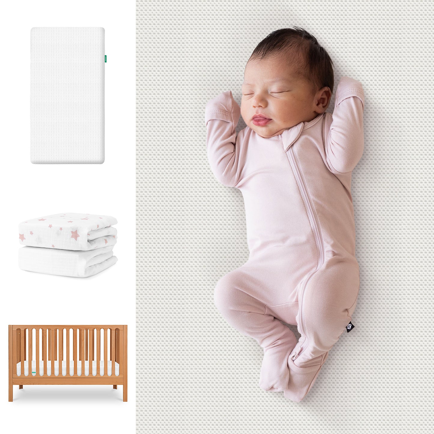 A newborn in a pale pink onesie sleeps on a patterned surface beside images of the Newton Baby Galileo Crib, Essential Crib Mattress, and Sheets Bundle. 111-8420-CST-1300-WHT- PSW
