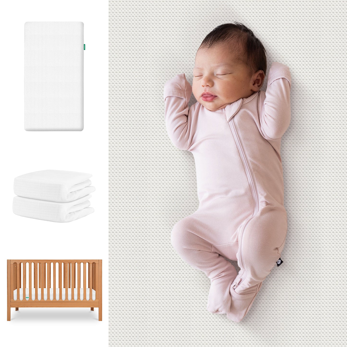 A newborn in a light pink onesie sleeps on the Newton Baby Galileo Crib with the Essential Crib Mattress & Sheets Bundle; nearby are images of the crib, two white sheets, and mattress on a white background. 111-8420-CST-1300-WHT- WNW