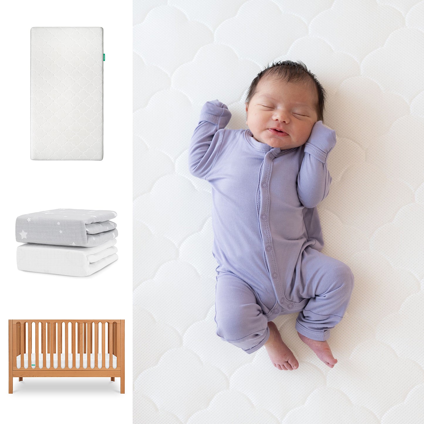 A baby in a lavender onesie sleeps on the Newton Baby Galileo Crib with the Original Crib Mattress. Next to the crib are images of two folded Breathable Organic Cotton Sheets and the 3-in-1 Convertible Crib. 111-8420-CST-1000-WHT-SGW
