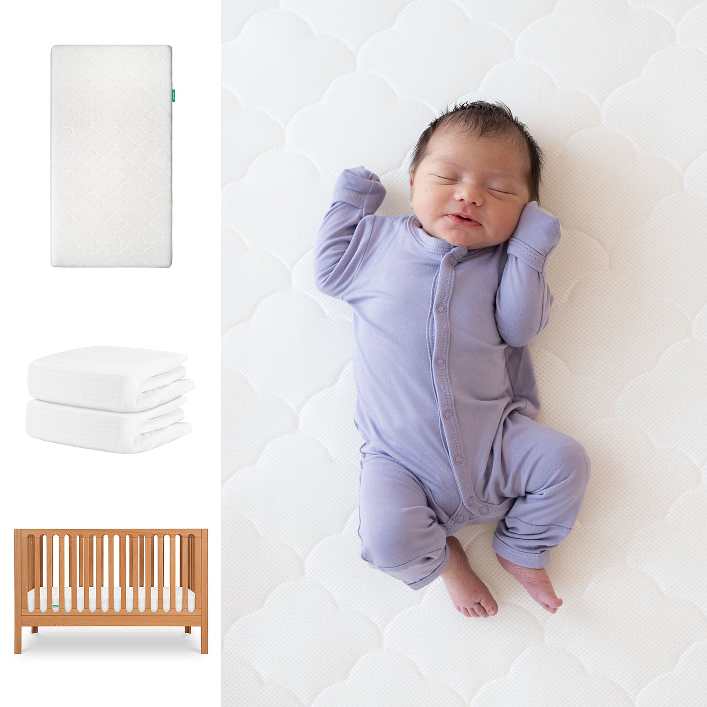 A baby in a lavender onesie lies on the Newton Baby Original Crib Mattress. Beside them are the Galileo Crib and two folded Breathable Organic Cotton Sheets from Newton Baby. 111-8420-CST-1000-WHT-WNW

