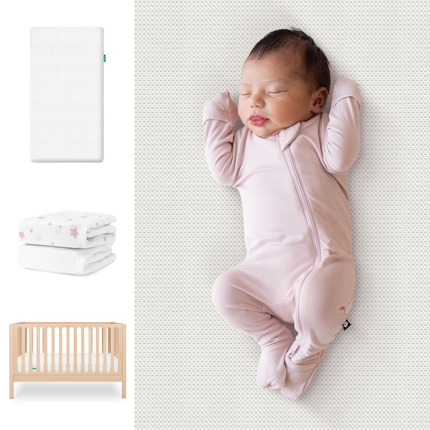 A baby sleeps in a pale pink onesie on the Newton Baby Galileo Crib, Essential Crib Mattress, & Sheets Bundle. To the left are images of the mattress, a star-patterned sheet, and the light wood crib. 111-8420-NAT-1300-WHT-PSW