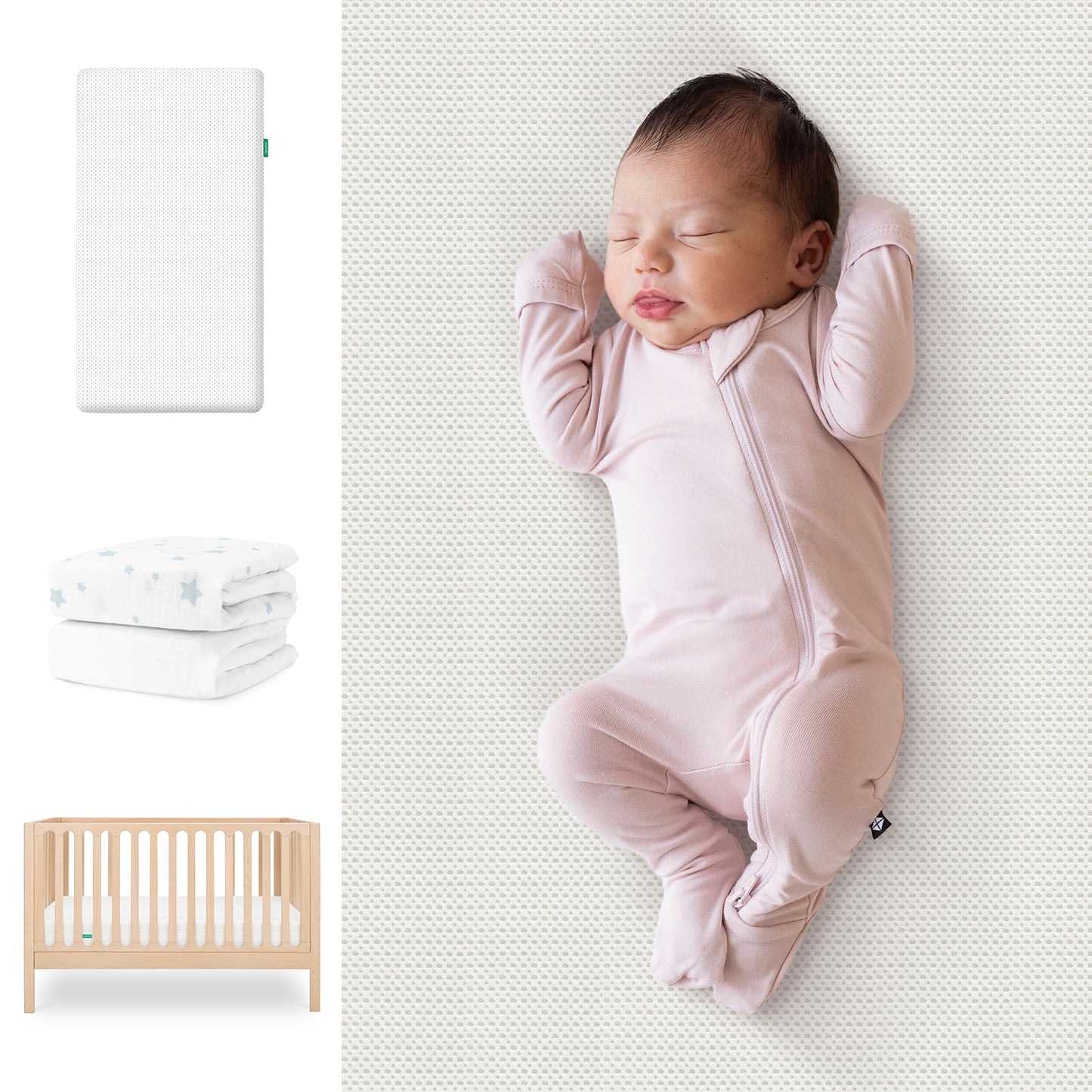 A newborn in a pale pink onesie sleeps on the Newton Baby Galileo Crib with the Essential Crib Mattress & Sheets Bundle. To the left are images of the mattress, patterned sheets, and the light wood crib. 111-8420-NAT-1300-WHT- SDW