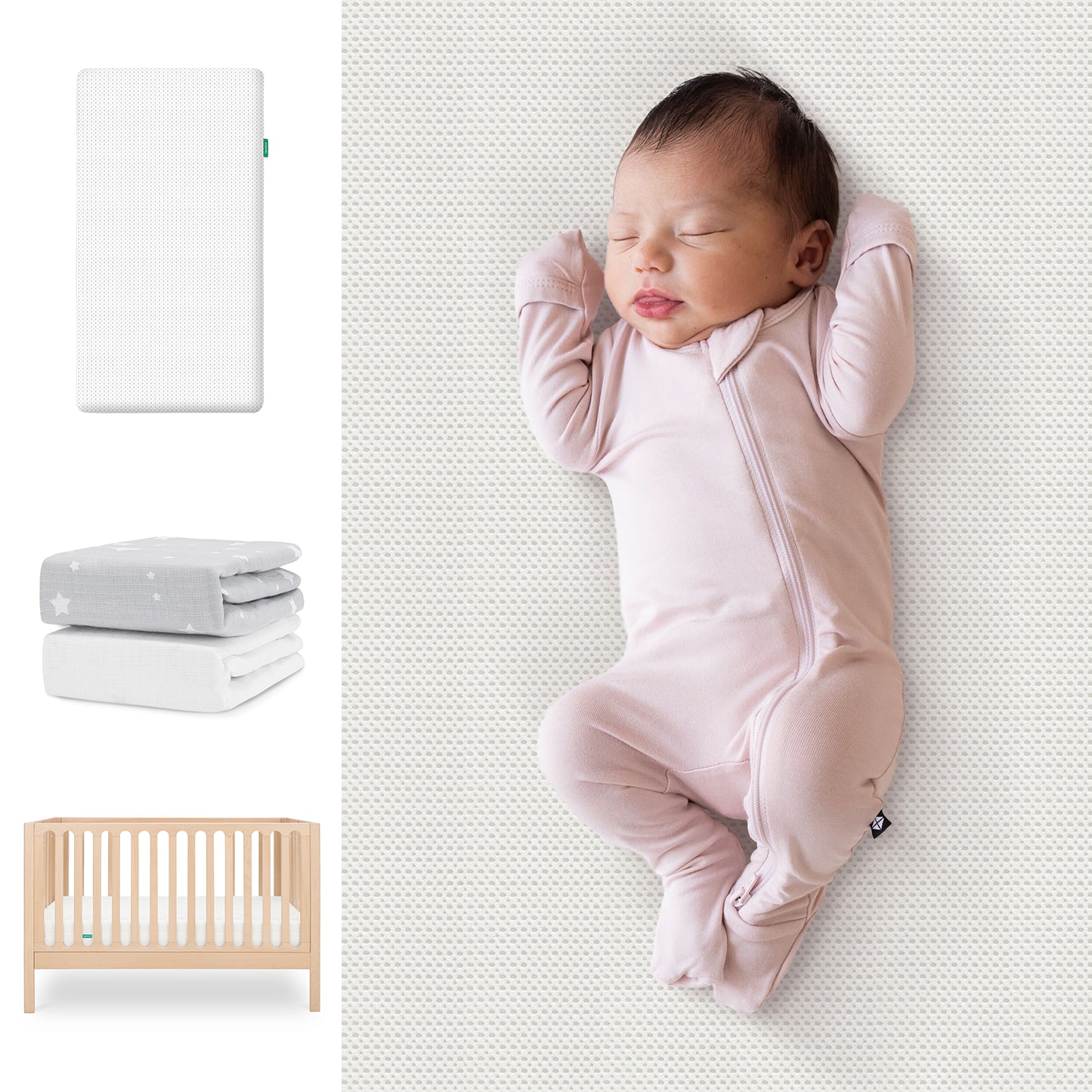 A sleeping baby in a pink onesie lies on a white mattress. To the left are images of Newton Baby's Galileo Crib, Essential Crib Mattress, and two fitted sheets (solid and star prints) from their Sheets Bundle. 111-8420-NAT-1300-WHT- SGW
