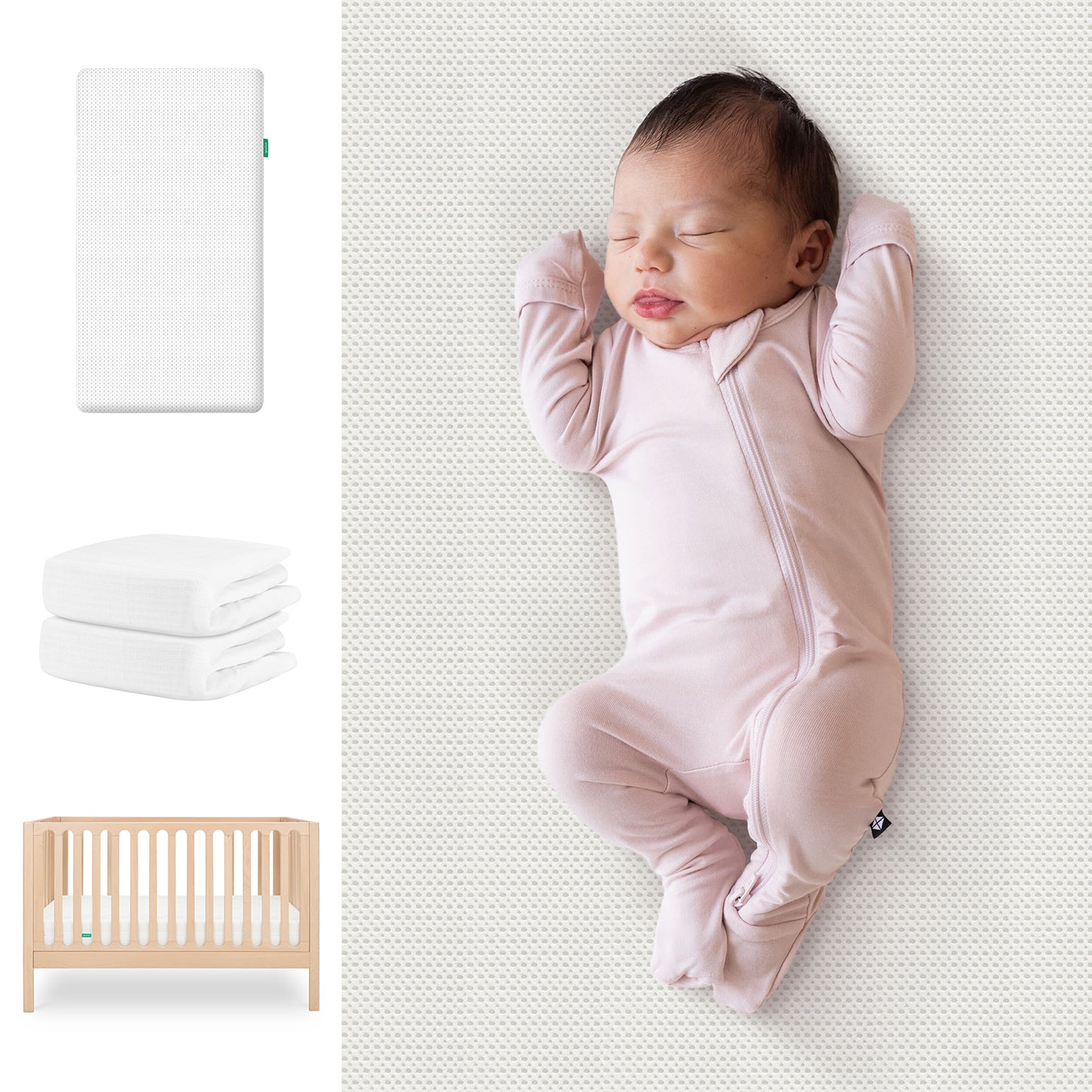 A baby in a light pink onesie sleeps on a white surface next to the Newton Baby Galileo Crib, Essential Crib Mattress, and Sheets Bundle. Images show the light wood crib, white mattress, and two folded white sheets. 111-8420-NAT-1300-WHT- WNW