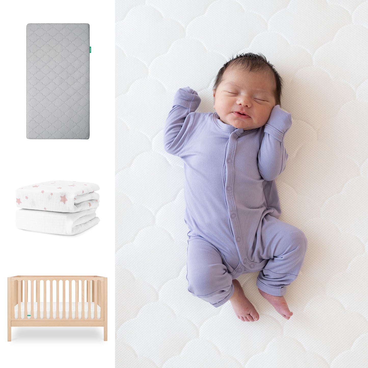 A newborn in a lavender onesie sleeps on the Newton Baby Galileo Crib with the Original Crib Mattress & Sheets. To the left are images of a gray quilted mattress, two white star-patterned blankets, and the light wood 3-in-1 Convertible Crib. 111-8420-NAT-1000-GRY-PSW
