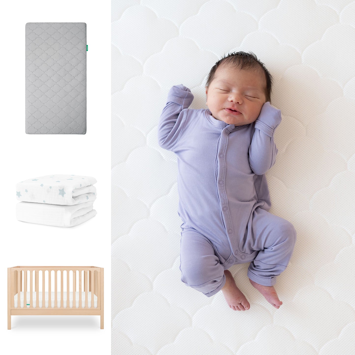 A newborn in a lavender onesie sleeps on the Newton Baby Galileo Crib with the Original Crib Mattress & Sheets made of organic cotton. Nearby are images of a gray mattress, star-patterned blankets, and the light wood Galileo Crib. 111-8420-NAT-1000-GRY-SDW
