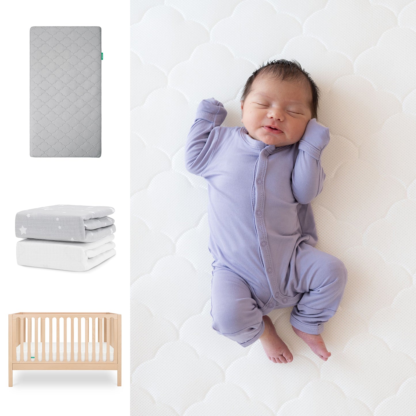 A baby sleeps in a purple onesie on the Newton Baby Galileo Crib and breathable Original Crib Mattress, with star-patterned sheets nearby. Also shown: the gray 3-in-1 Convertible Crib and a light wood crib from Newton Baby. 111-8420-NAT-1000-GRY-SGW
