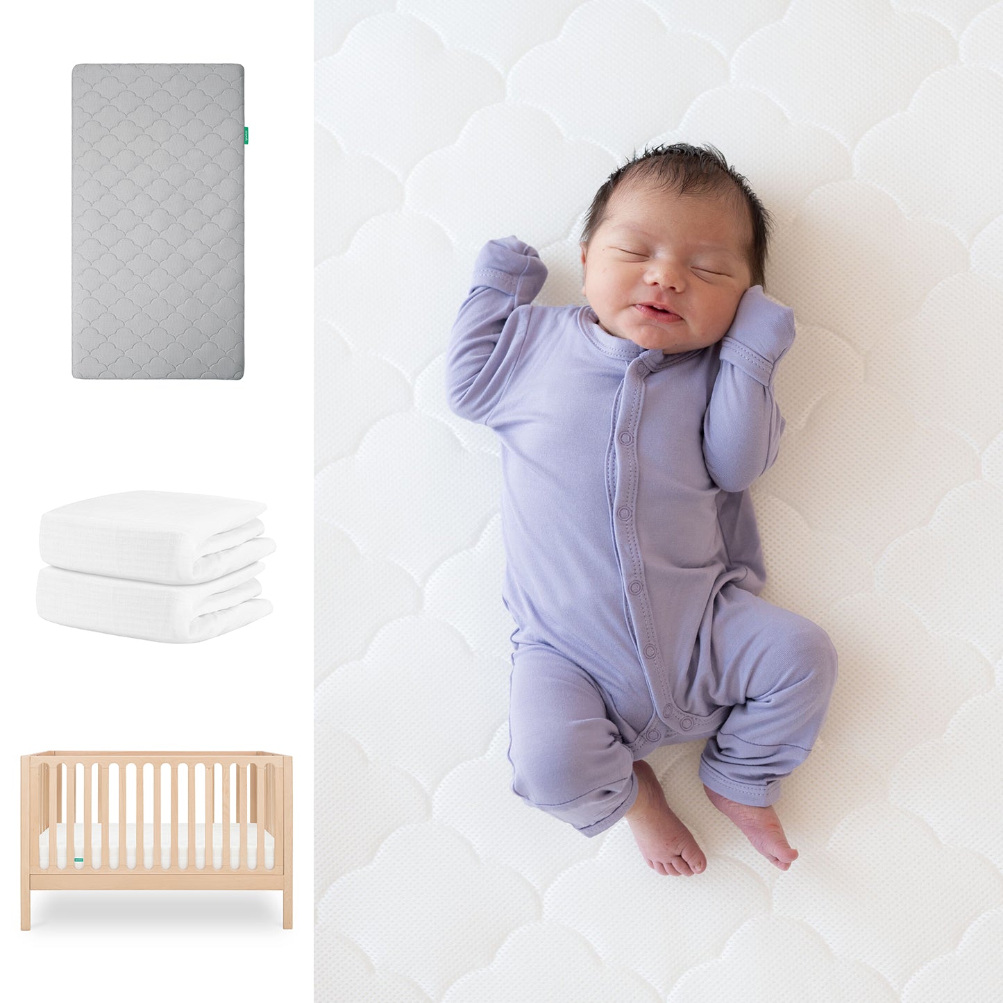 A newborn in a lavender onesie sleeps on the Newton Baby Galileo Crib with the Original Crib Mattress & Sheets. To the left are images of a gray mattress, folded white sheets, and the light 3-in-1 Convertible Crib. 111-8420-NAT-1000-GRY-WNW
