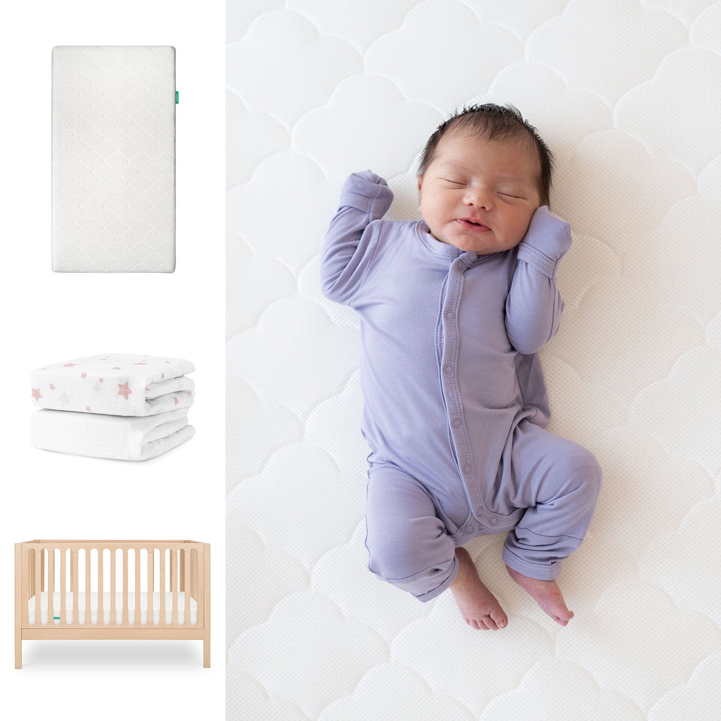 A newborn in a lavender onesie sleeps on the Newton Baby Galileo Crib with the Original Crib Mattress & organic cotton sheets. Two folded baby blankets are nearby, highlighting this breathable, stylish 3-in-1 setup. 111-8420-NAT-1000-WHT-PSW
