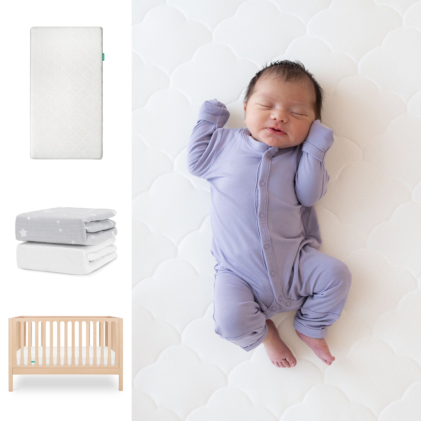 A newborn in a lavender onesie sleeps on a Newton Baby Galileo Crib with the Original Crib Mattress & Breathable Sheets. On the left are images of the crib, mattress, two folded blankets, and a light wood 3-in-1 convertible crib. 111-8420-NAT-1000-WHT-SGW
