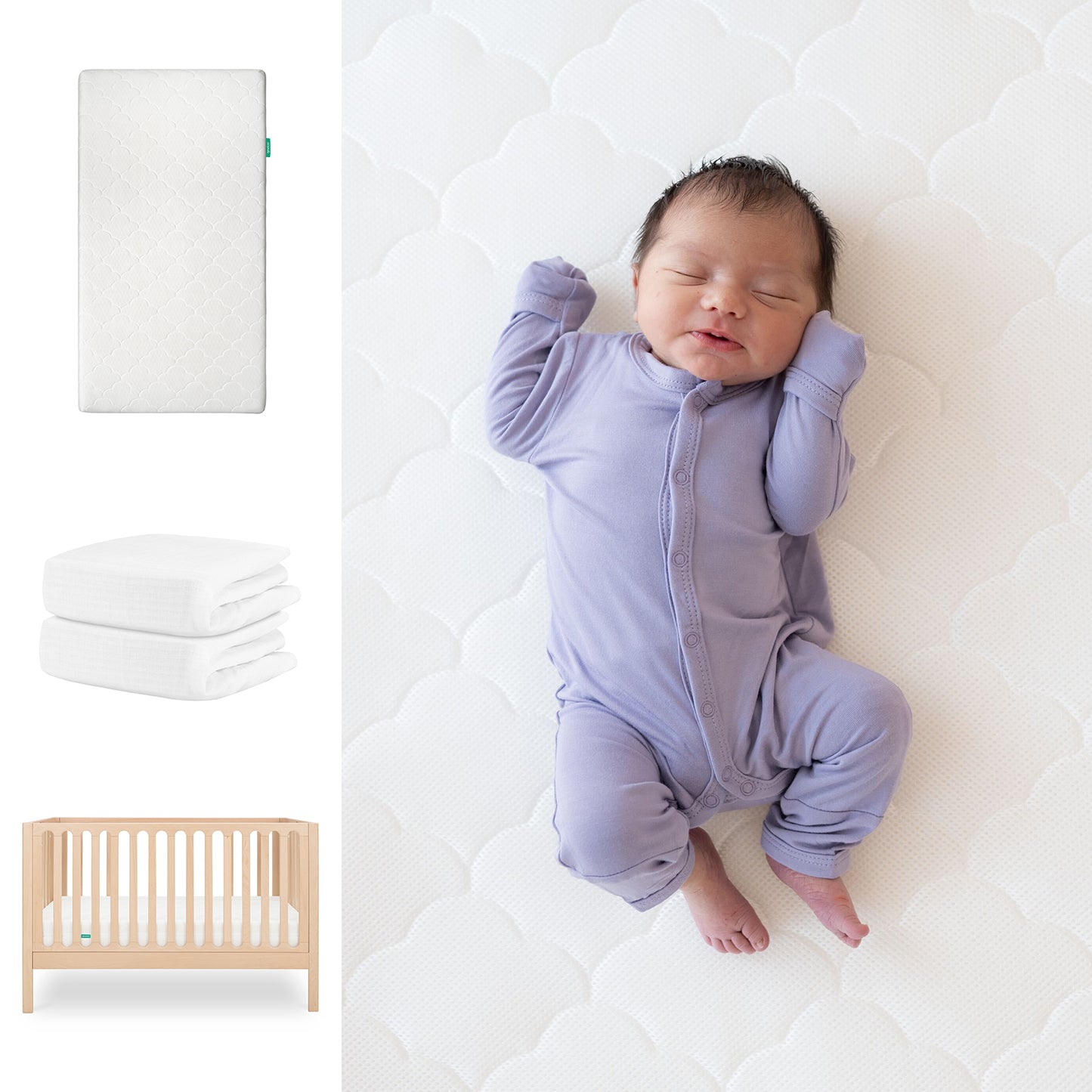 A newborn sleeps on a patterned white Original Crib Mattress by Newton Baby, wearing a lavender onesie. To the left are a Breathable Organic Cotton Sheet, two folded white sheets, and the light wood Galileo 3-in-1 Crib. 111-8420-NAT-1000-WHT-WNW
