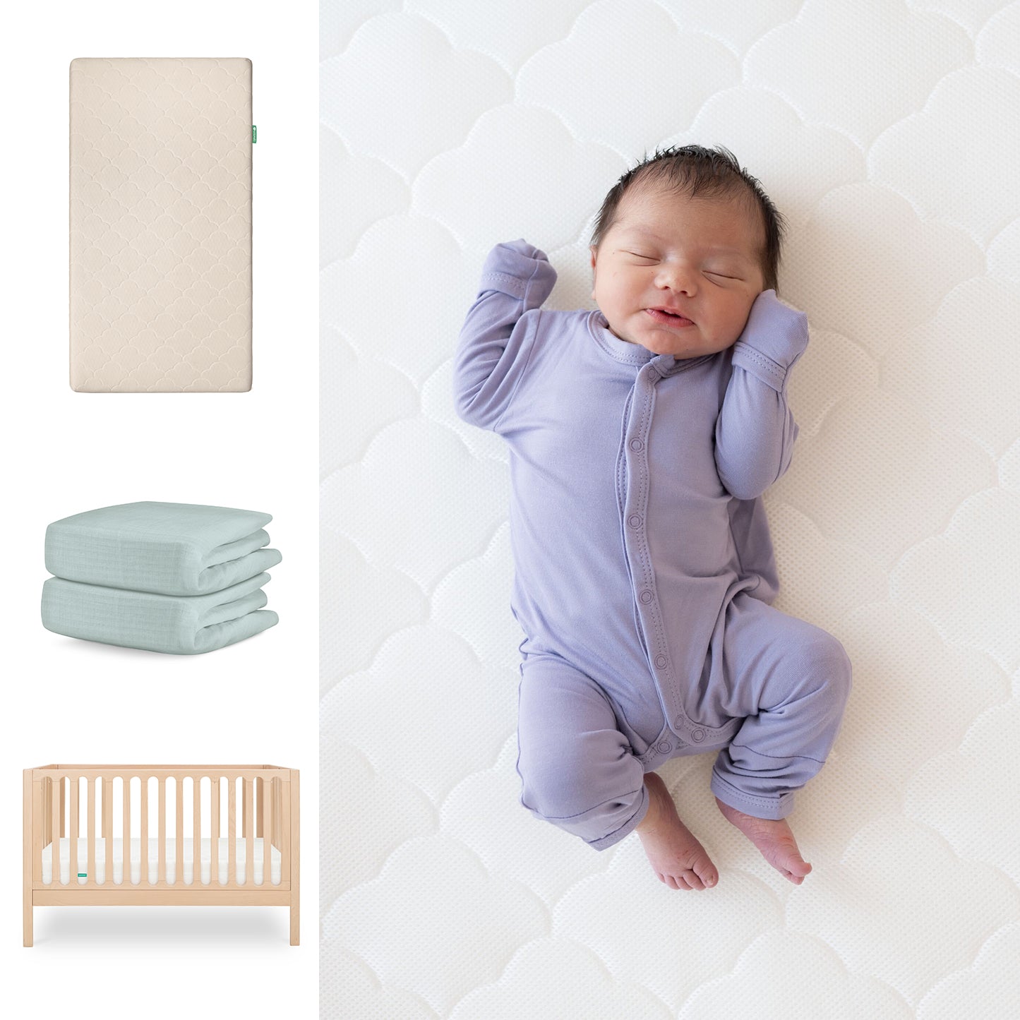 A newborn in a lavender onesie sleeps on the Newton Baby Original Crib Mattress with breathable organic cotton sheets. Shown are the Galileo Crib, beige mattress, and two folded light blue sheets from Newton Baby. 111-8420-NAT-1000-SAN-SNS
