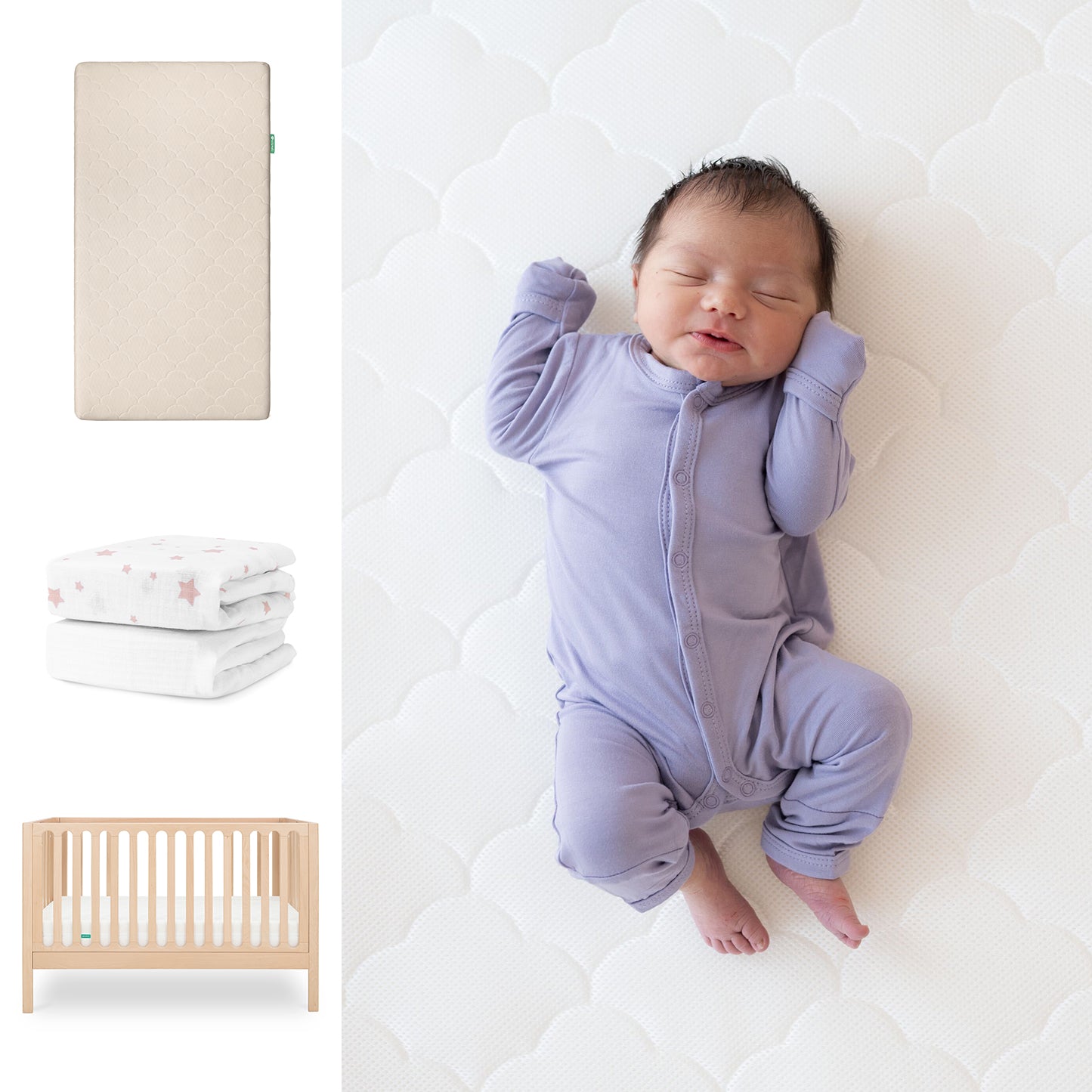 A newborn in a lavender onesie lies on the Newton Baby Galileo Crib with the Original Crib Mattress & Sheets. To the left are images of a beige mattress, white blankets with pink stars, and the 3-in-1 Convertible Crib. 111-8420-NAT-1000-SAN-PSW
