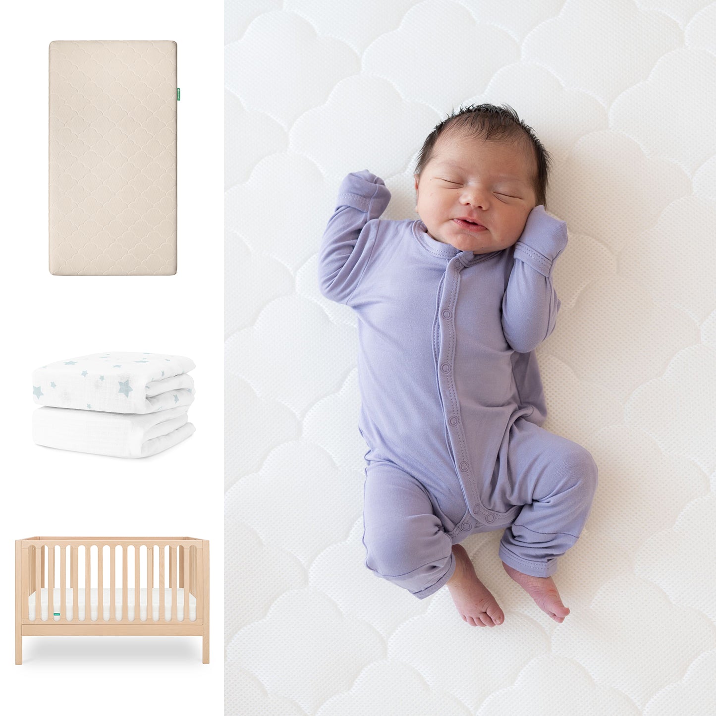 A newborn in a lavender onesie sleeps on the Newton Baby Galileo Crib with the Original Crib Mattress and breathable organic cotton sheets. Nearby are folded star-patterned blankets and a beige mattress by Newton Baby. 111-8420-NAT-1000-SAN-SDW
