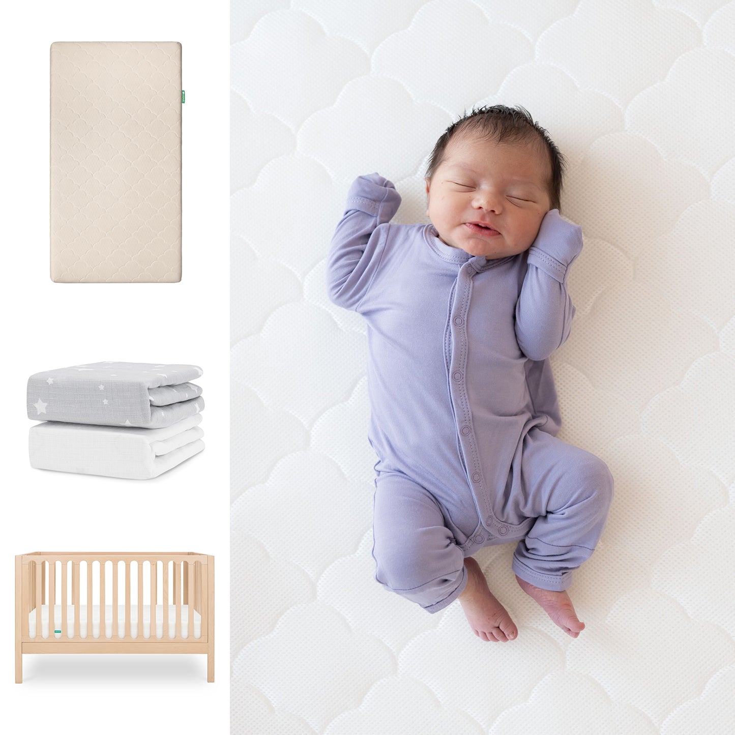 A newborn sleeps on the Newton Baby Galileo Crib with Original Crib Mattress & Sheets. Nearby are a 3-in-1 Convertible Crib, a breathable organic cotton sheet, and two fitted sheets in gray stars and white. 111-8420-NAT-1000-SAN-SGW
