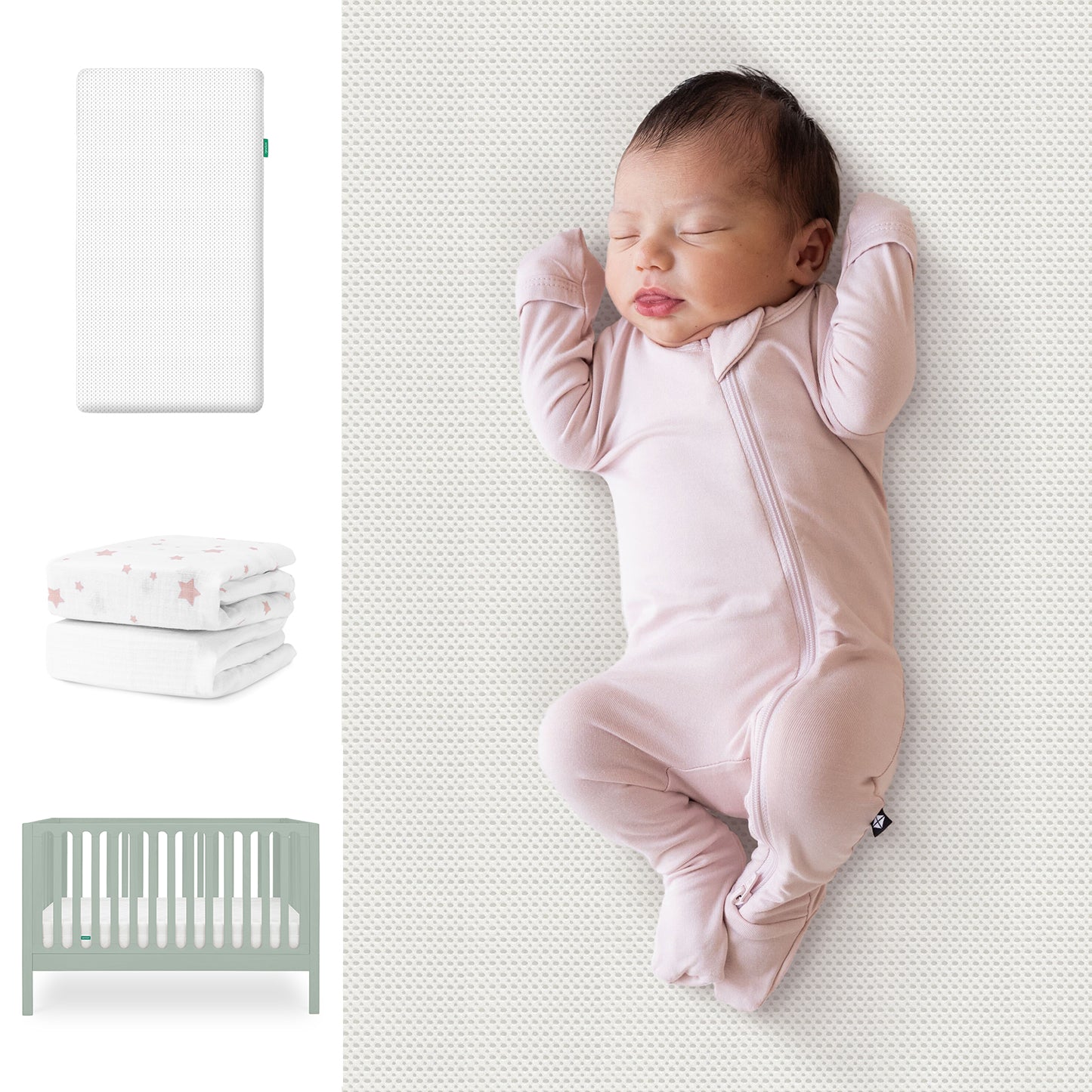 A newborn in a pink onesie sleeps on a textured surface. Beside her are the Newton Baby Galileo Crib, Essential Crib Mattress, and Sheets Bundle. 111-8420-SGE-1300-WHT-PSW