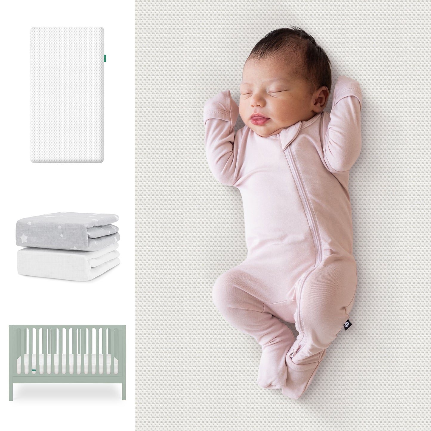 A baby in a pink onesie sleeps on a patterned surface. To the left are images of Newton Baby’s Galileo Crib, Essential Crib Mattress, and Sheets Bundle. 111-8420-SGE-1300-WHT-SGW