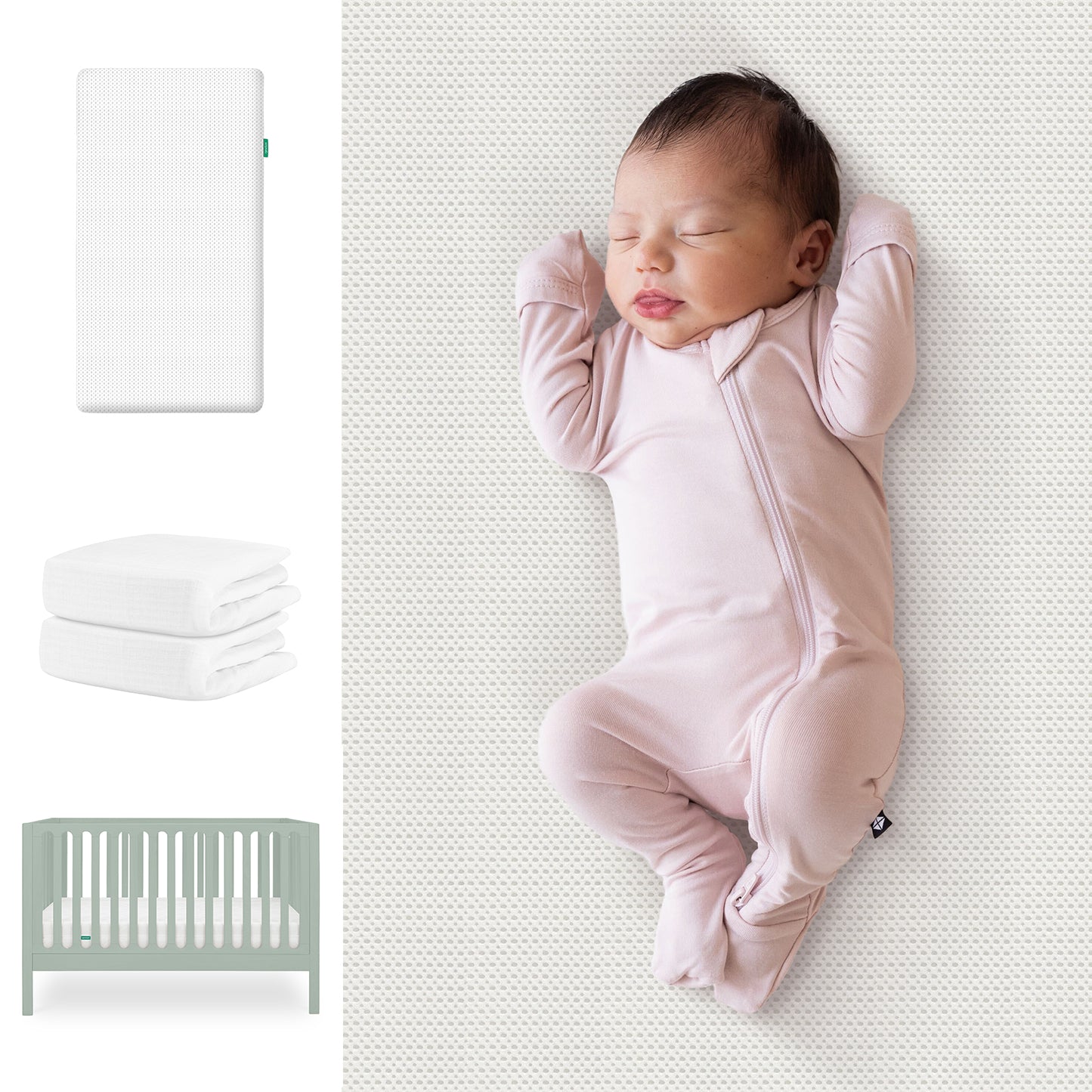 A baby sleeps in a pale pink onesie on a white Essential Crib Mattress. To the left are images of the Newton Baby Galileo Crib, two folded sheets, and the mattress—all part of the Galileo Crib, Essential Crib Mattress & Sheets Bundle. 111-8420-SGE-1300-WHT-WNW