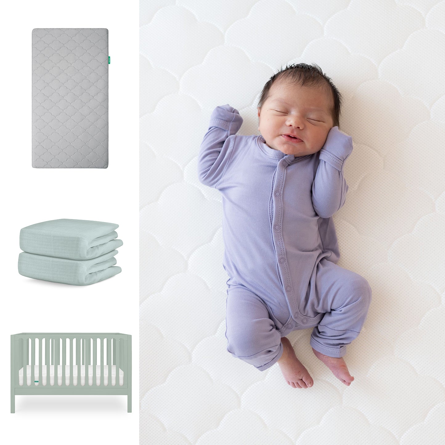 A sleeping baby in a lavender onesie rests on the Newton Baby Galileo Crib with the Original Crib Mattress and sheets. Nearby are organic cotton, folded crib sheets, and the light green 3-in-1 convertible Galileo Crib. 111-8420-SGE-1000-GRY-SNS
