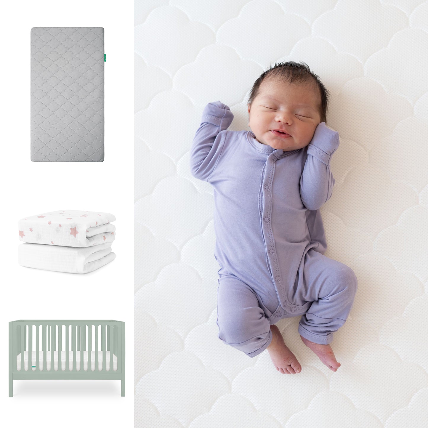 A baby in a lavender onesie sleeps on the Newton Baby Galileo Crib with the Original Crib Mattress and organic cotton sheets. To the left are images of a gray quilted mattress, star-patterned blankets, and the light green 3-in-1 convertible crib. 111-8420-SGE-1000-GRY-PSW
