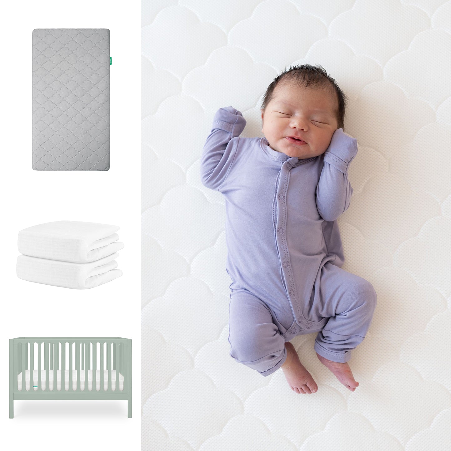 A newborn in a lavender onesie sleeps on a quilted white mattress. To the left are Newton Baby's Galileo Crib, Original Crib Mattress, and two folded organic cotton sheets. 111-8420-SGE-1000-GRY-WNW
