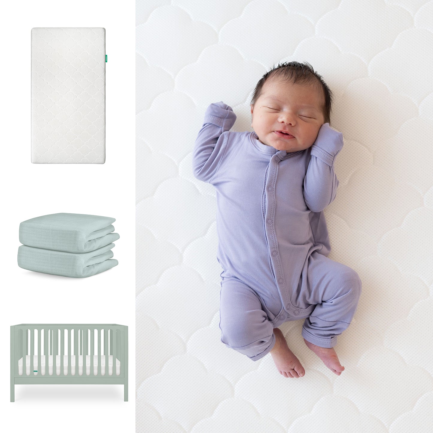 A baby in a lavender onesie sleeps on the Newton Baby Galileo Crib with the Original Crib Mattress & Sheets. To the left are images of the 3-in-1 convertible crib, two organic cotton sheets, and a light green crib from Newton Baby. 111-8420-SGE-1000-WHT-SNS
