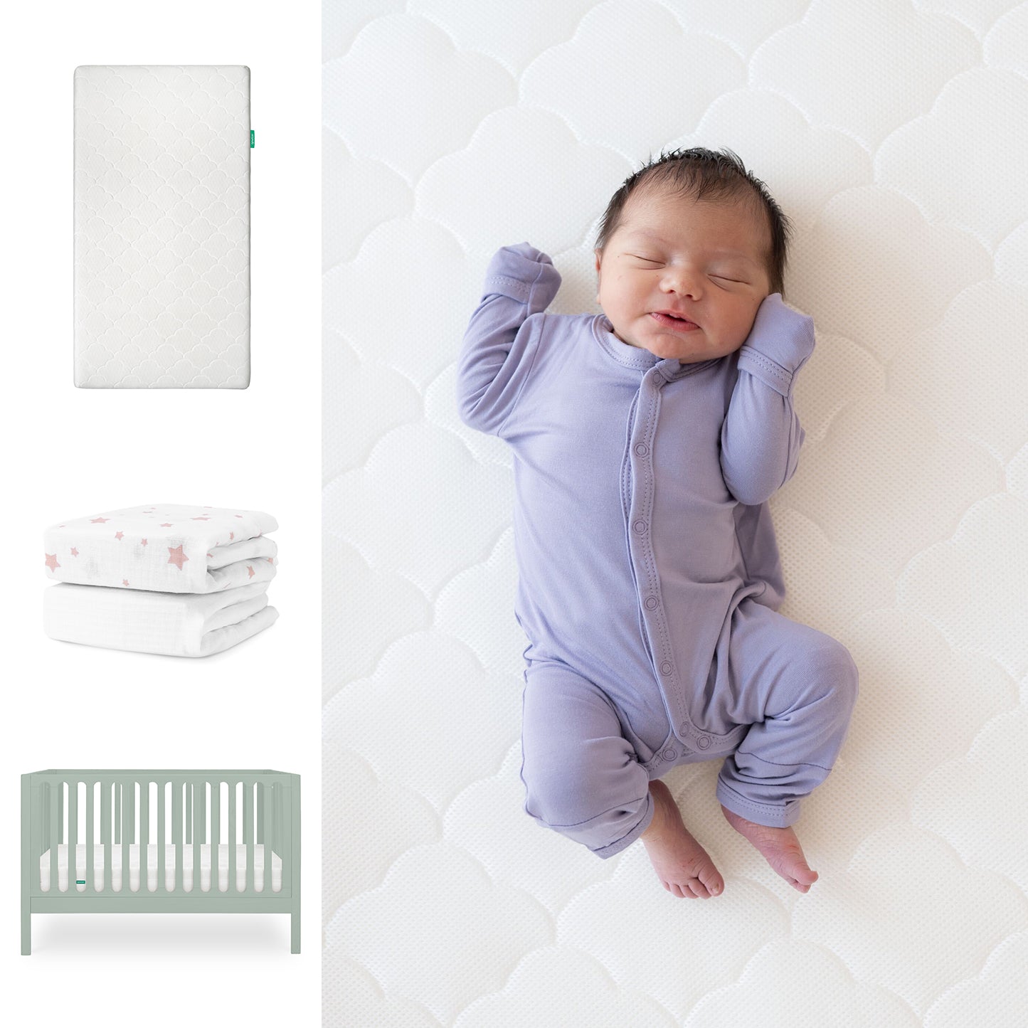 A baby in a lavender onesie sleeps on the Newton Baby Galileo Crib with the Original Crib Mattress & Sheets. To the left are images of the mattress, two folded blankets, an Organic Cotton Sheet, and the light green crib. 111-8420-SGE-1000-WHT-PSW
