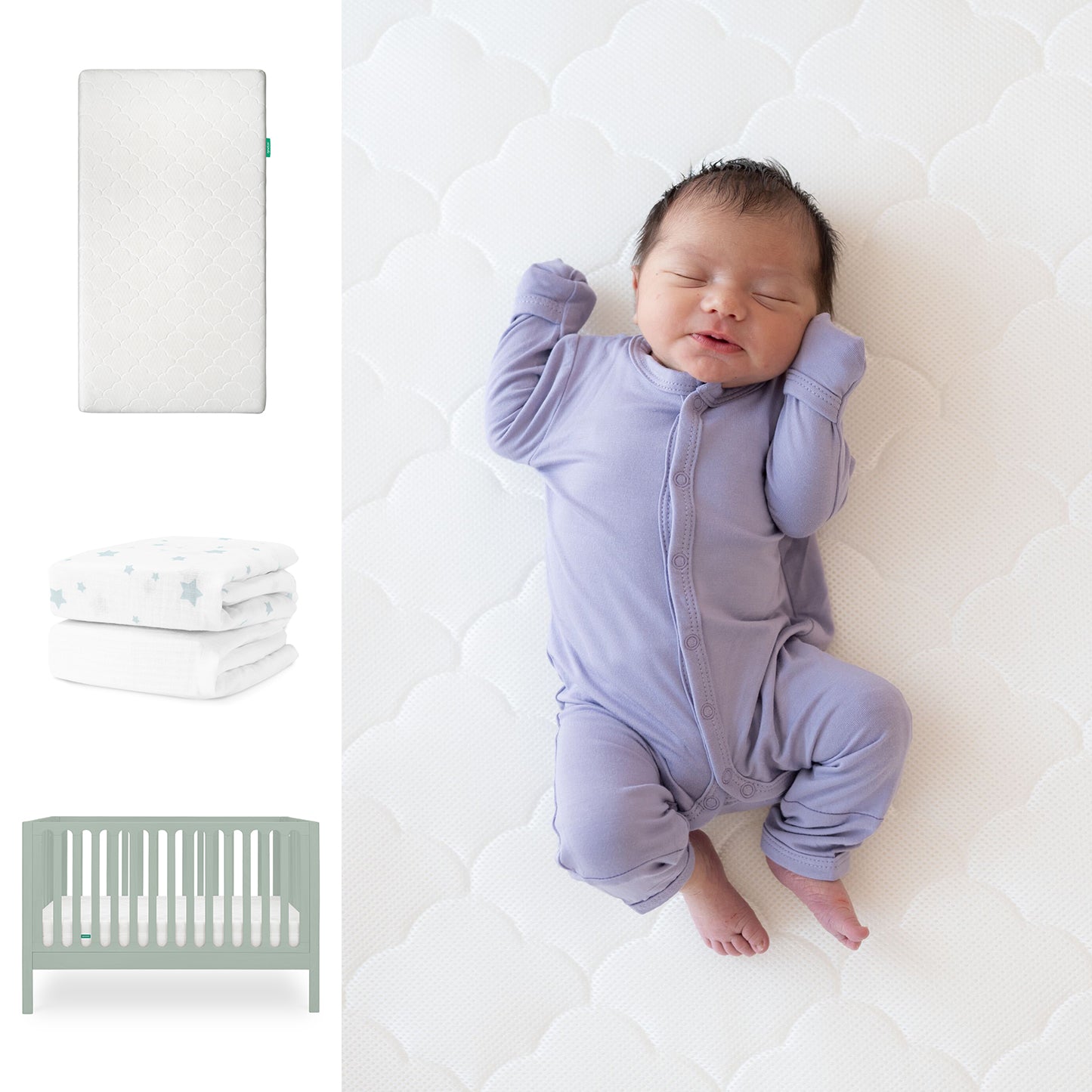 A newborn sleeps on a white Newton Baby Original Crib Mattress wearing a lavender onesie. To the left are images of the mattress, an Organic Cotton Sheet with gray and blue stars, and a light green Galileo Crib. 111-8420-SGE-1000-WHT-SDW
