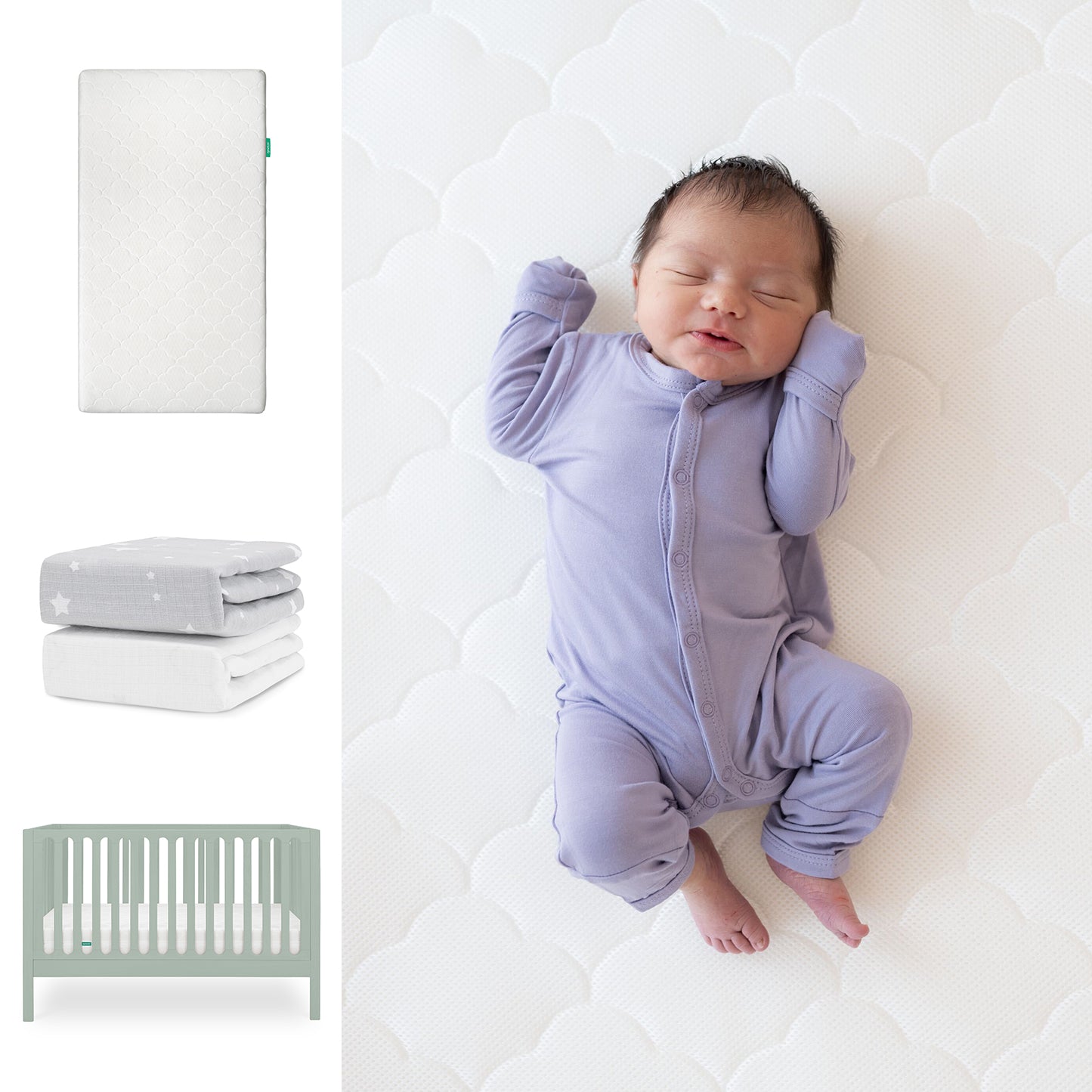 A baby in a lavender onesie sleeps on the Newton Baby Galileo Crib with the Original Crib Mattress & Sheets. To the left are images of the mattress, star-patterned blankets, and the light green 3-in-1 convertible crib. 111-8420-SGE-1000-WHT-SGW
