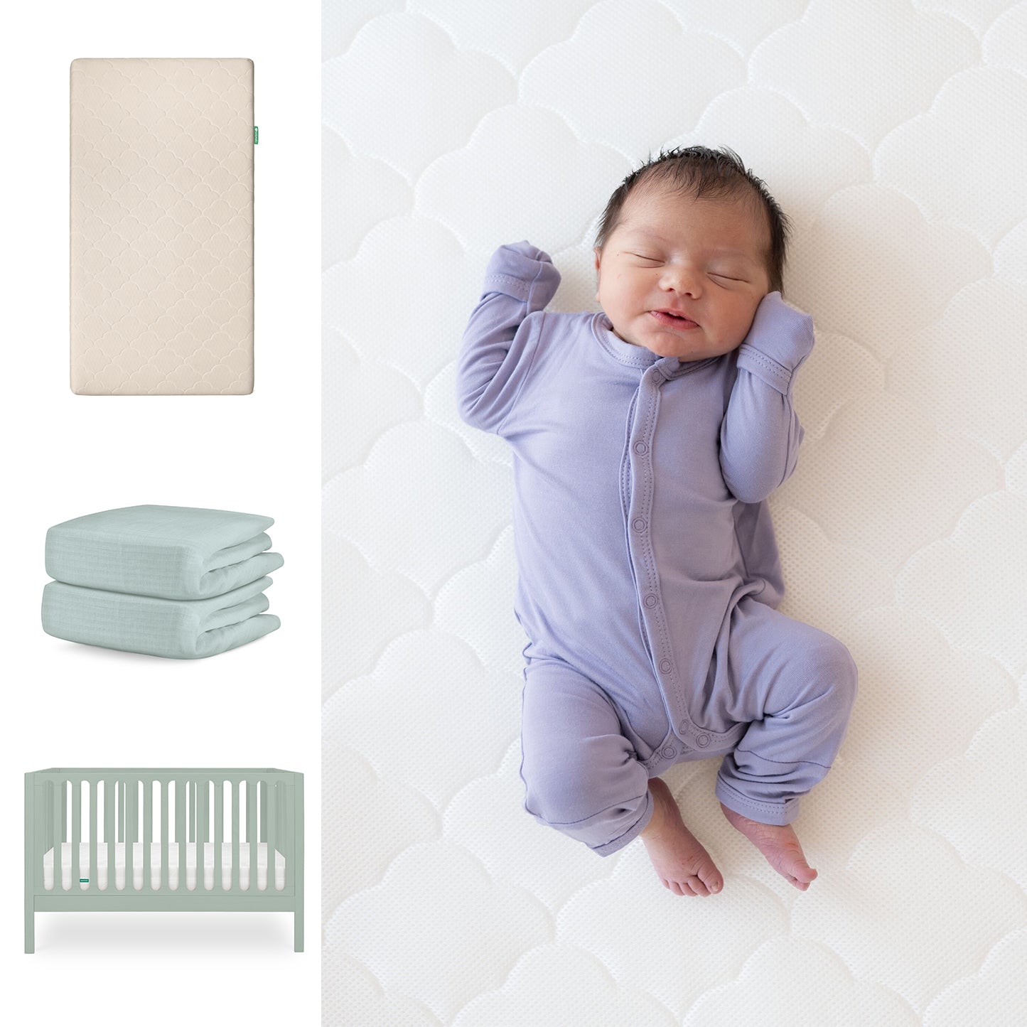 A baby in a lavender onesie sleeps on the Newton Baby Galileo Crib with the Original Crib Mattress and organic cotton sheets. Nearby are a beige mattress, folded light blue sheets, and the light green 3-in-1 Galileo Crib. 111-8420-SGE-1000-SAN-SNS
